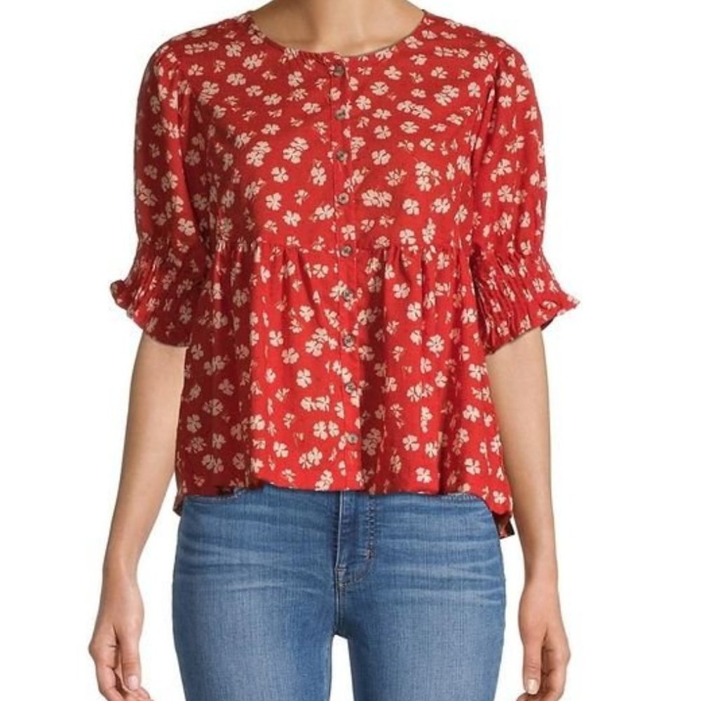 Madewell Short Sleeve Puff Blouse - Red Floral Size Small